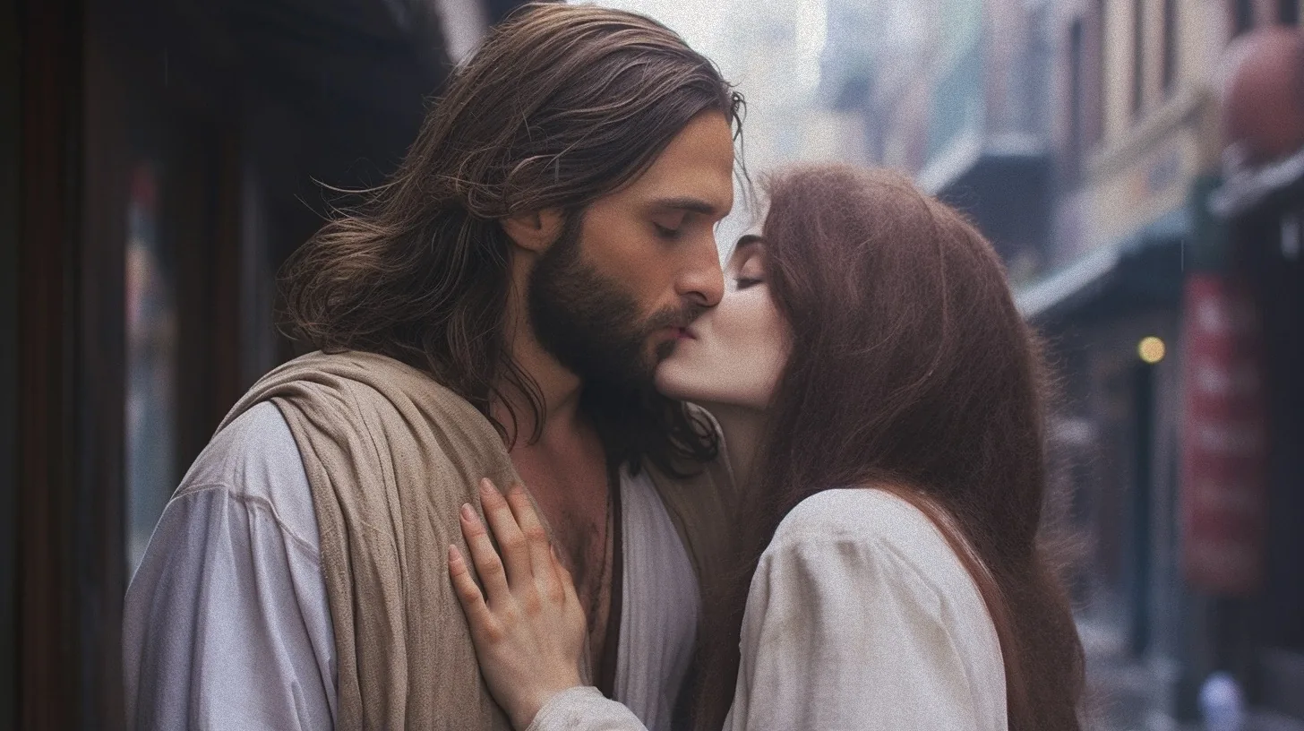 Kiss on the street — Photo: Norbert Banhalmi A man and a woman kiss on a city street, the crowd blurred behind them.