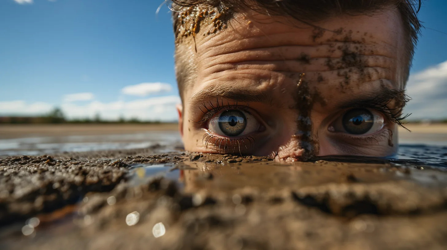 Eyes above the waterline — Photo: Norbert Banhalmi A mud-covered face rises just above the waterline, only the eyes clear of the surface.