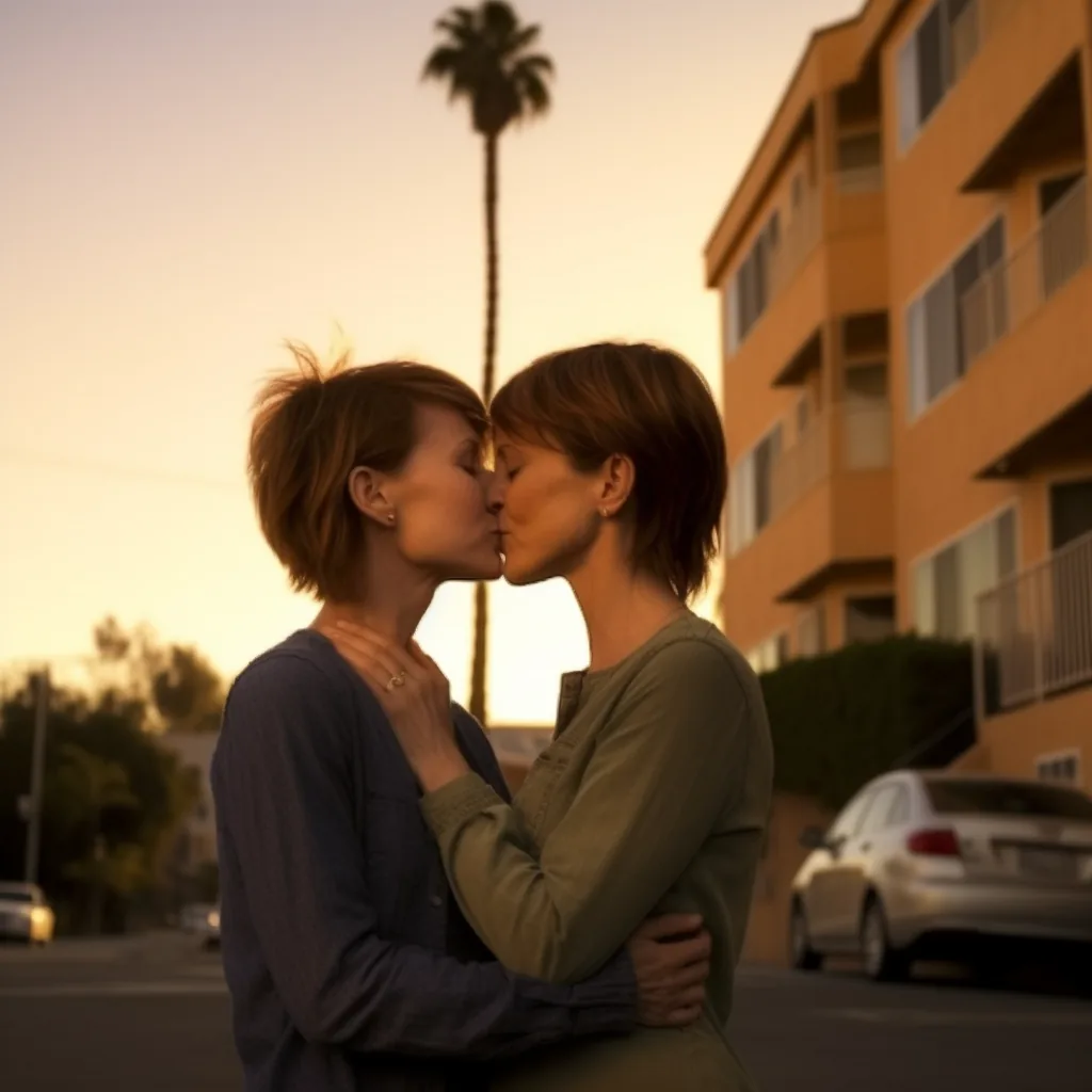 Palms at dusk — Photo: Norbert Banhalmi Two women kiss on a street at dusk, palm trees and an apartment block behind them.