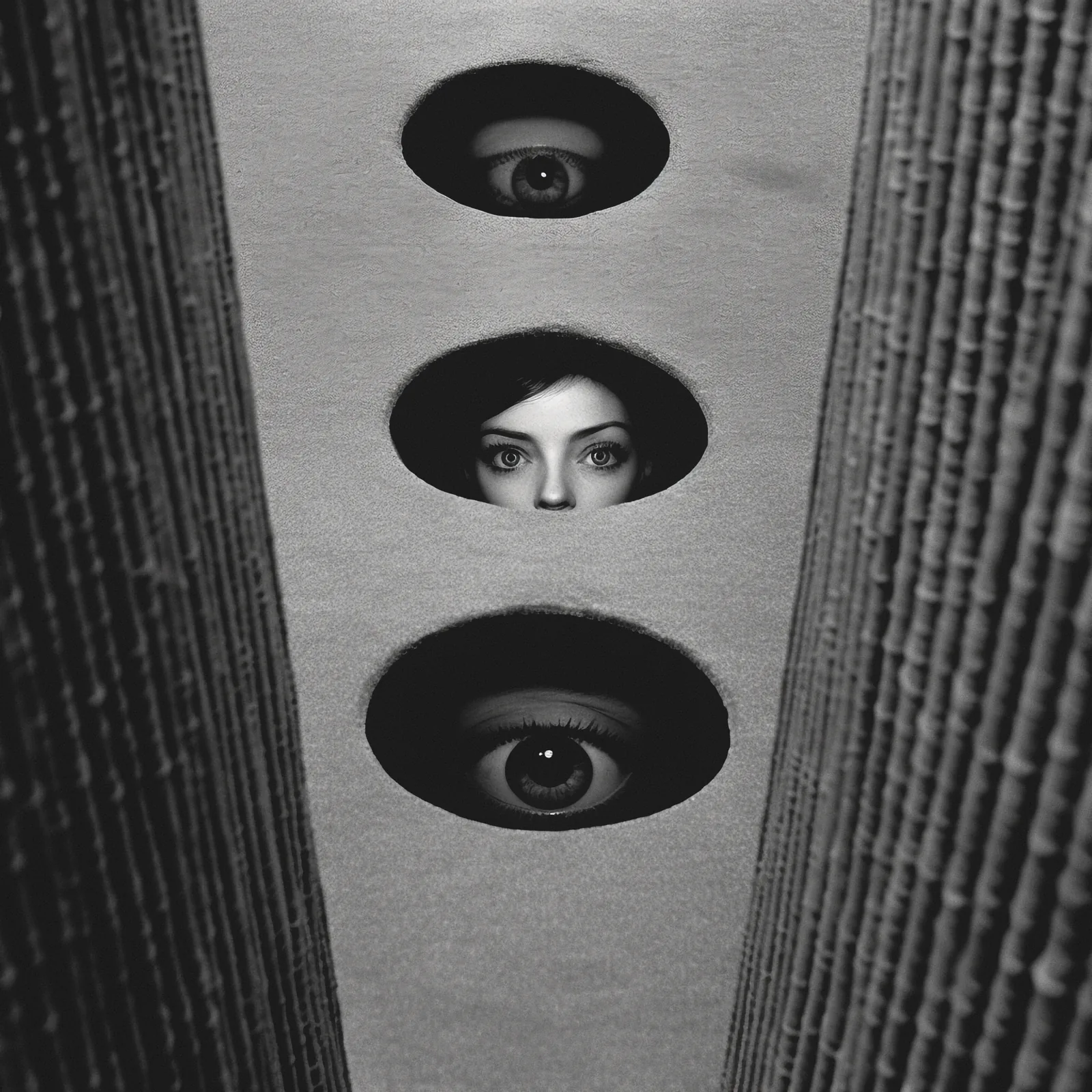 Three openings — Photo: Norbert Banhalmi Black and white: an eye, a face and another eye appear through three round openings in a wall.