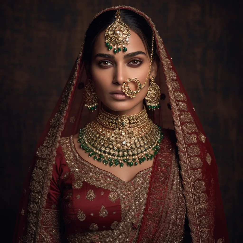 Bride in red and gold — Photo: Norbert Banhalmi A bride in a red and gold embroidered dress and heavy jewellery, against a dark ground.