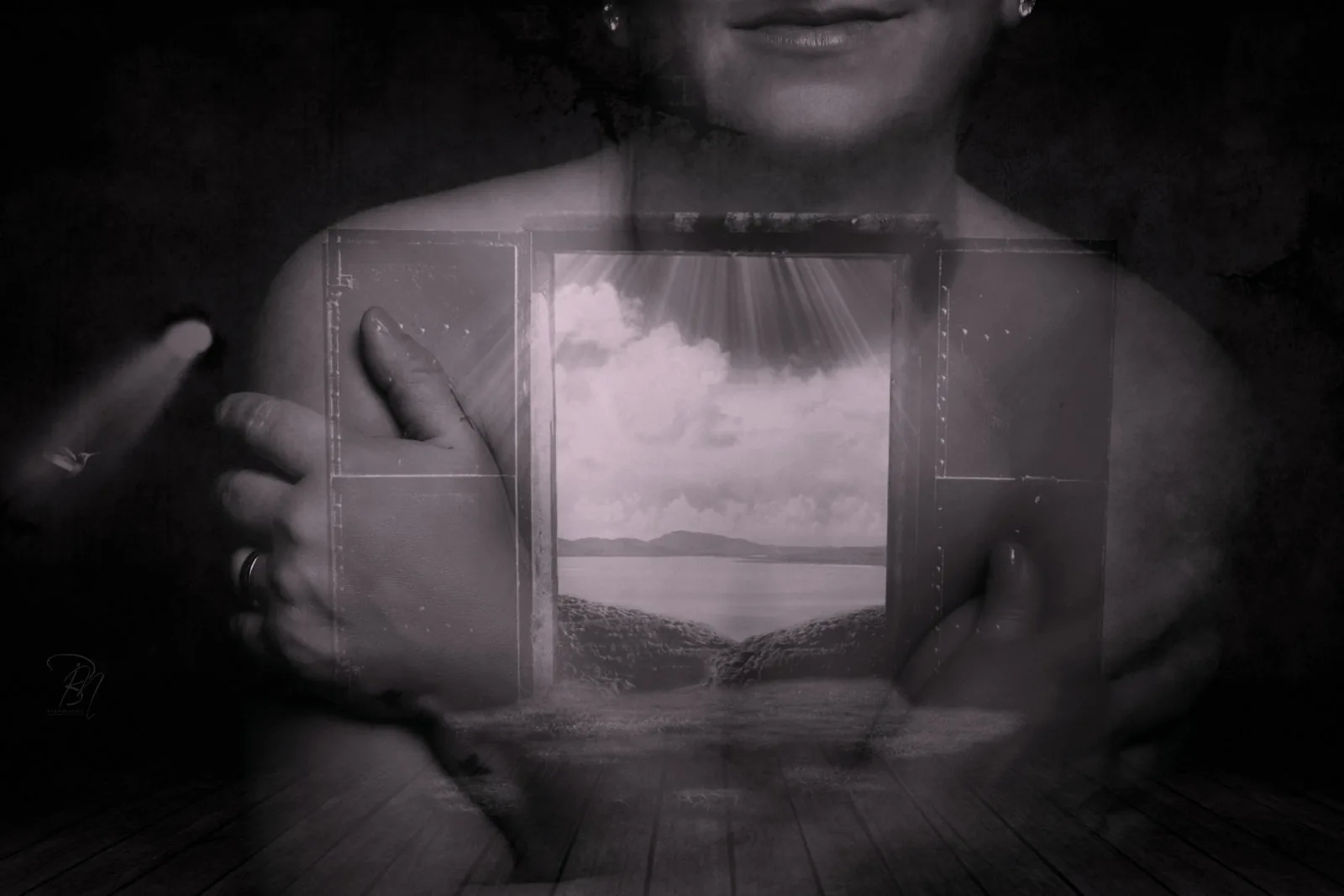 Window on the skin — Photo: Norbert Banhalmi A double exposure lays a window and a horizon over a woman's chest and arms.