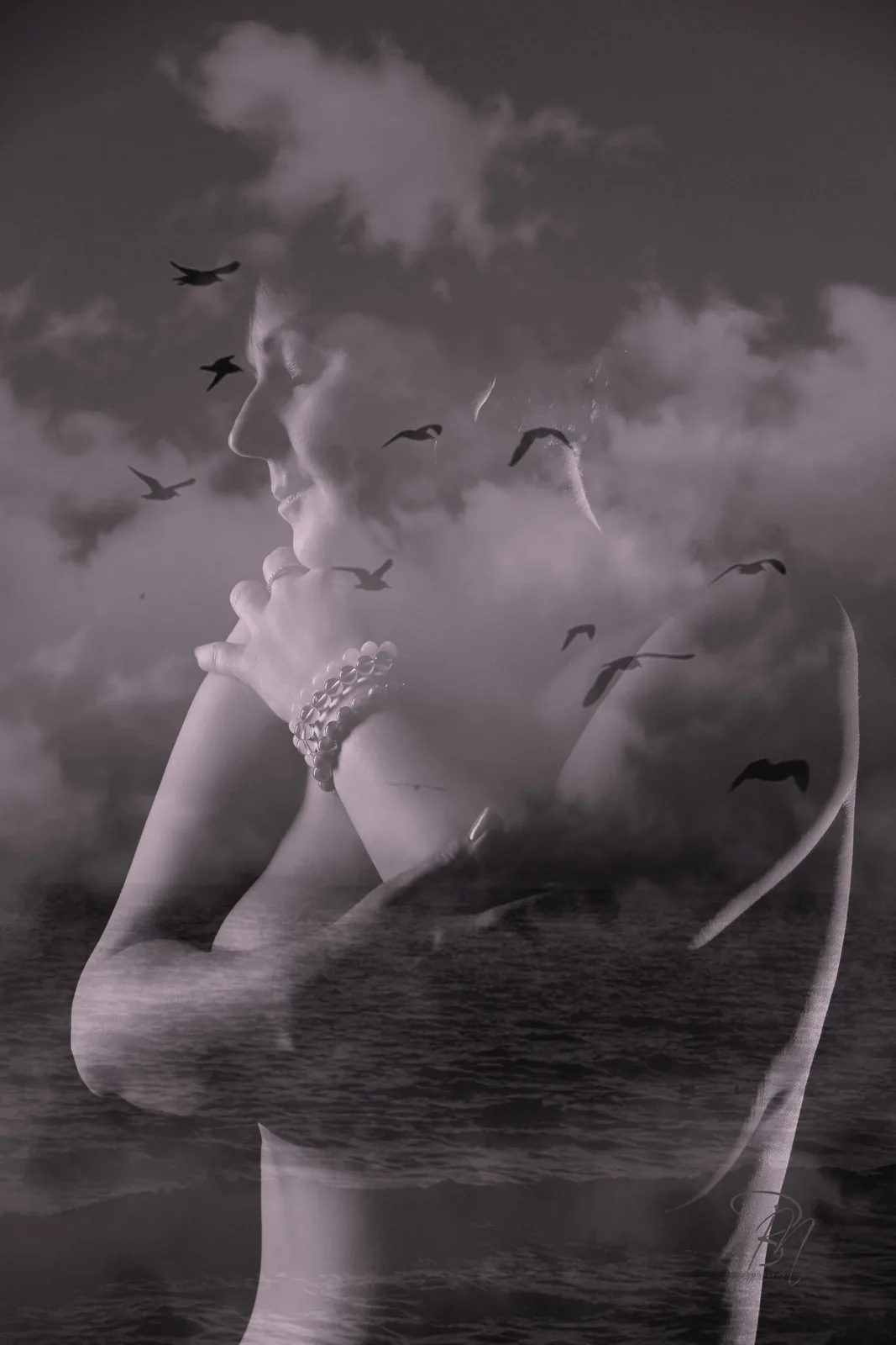 Birds and clouds — Photo: Norbert Banhalmi A woman turns away as birds and clouds move through the double exposure.