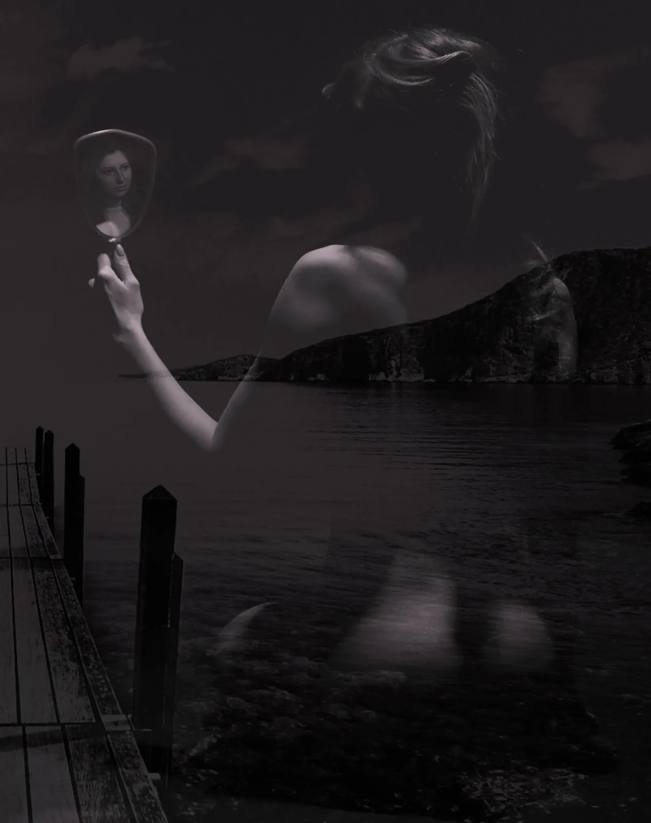 Water and posts — Photo: Norbert Banhalmi A hatted figure and a shoreline with wooden posts merge into one image.
