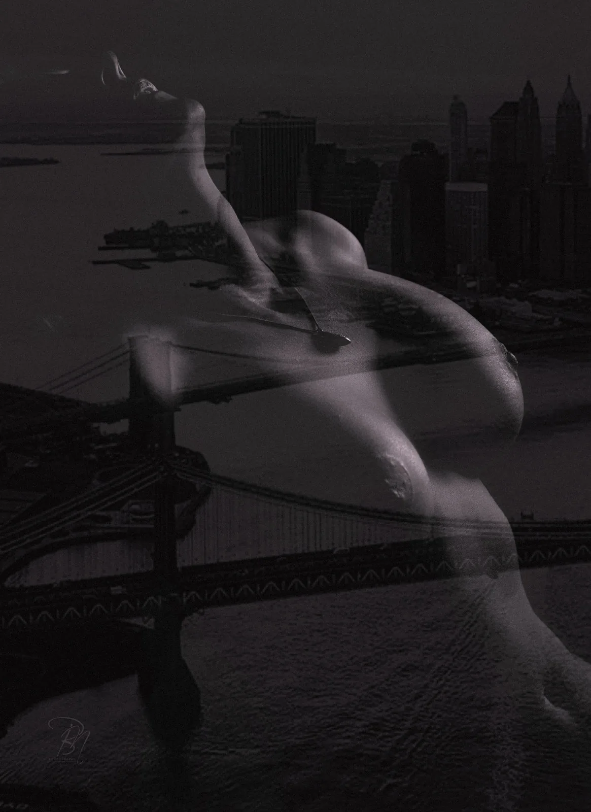 Bridge and skyline — Photo: Norbert Banhalmi A figure lies across a suspension bridge and a distant skyline.