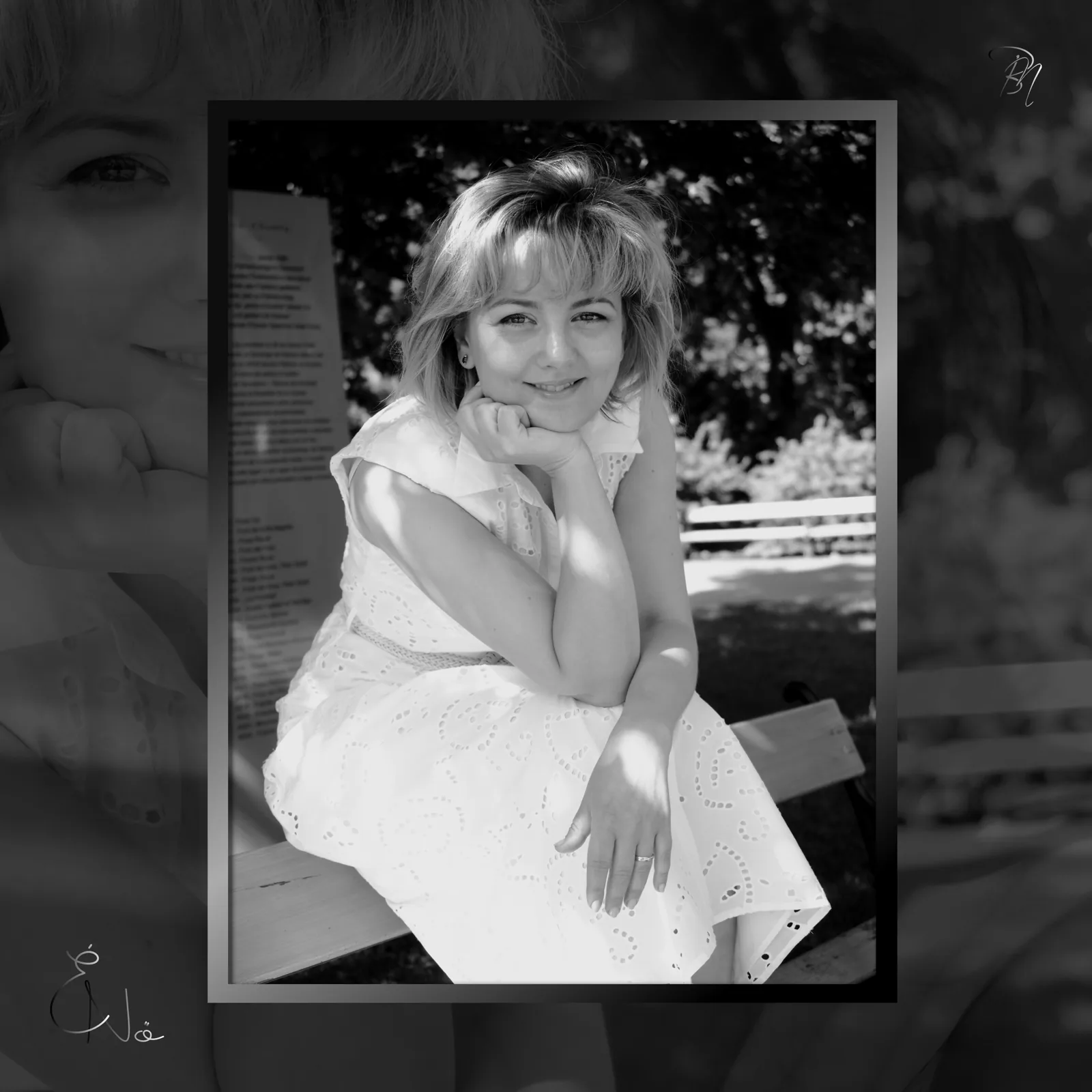 On the bench — Photo: Norbert Banhalmi A woman in a white summer dress sits on a bench outdoors, chin on her hand.