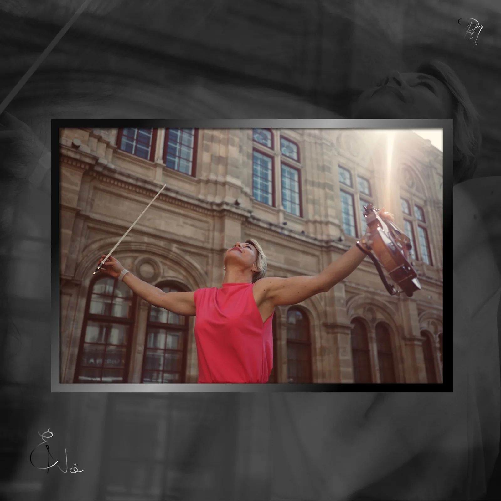 Before the Opera — Photo: Norbert Banhalmi A woman in red raises her arms in front of a grand opera house facade.
